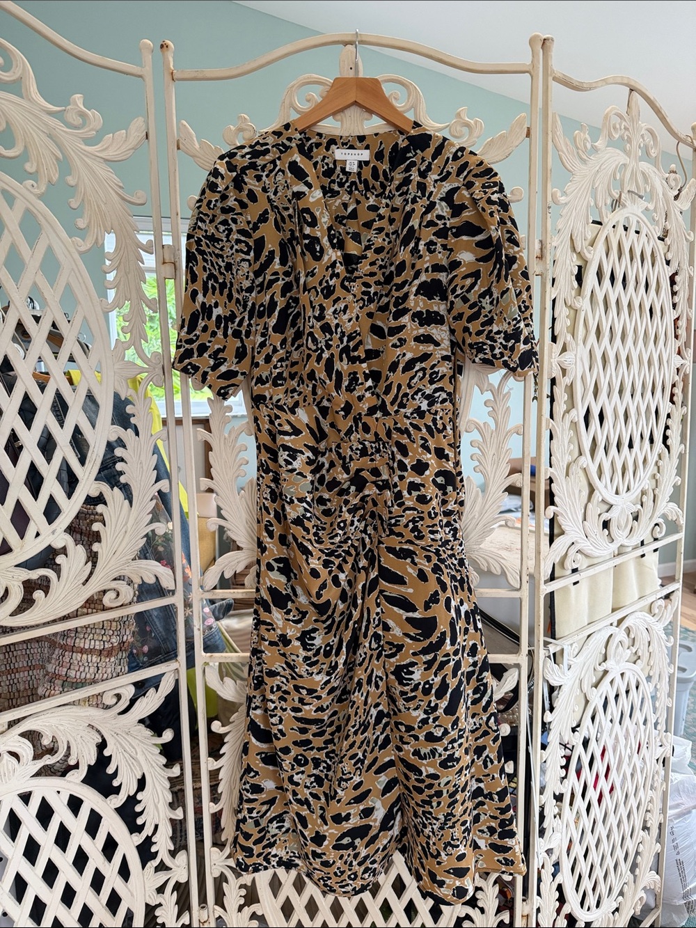 Topshop Tan and Black Animal-Print Midi Dress